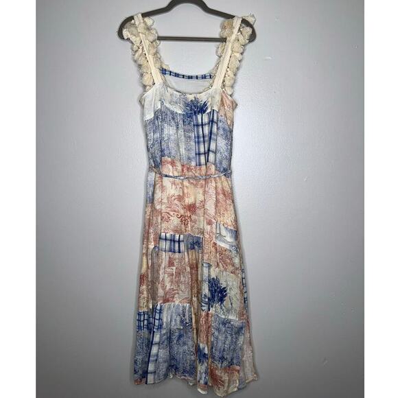 Tory Burch Tasseled Patchwork Printed Linen Midi Dress Far Away Size XS - Picture 7 of 8
